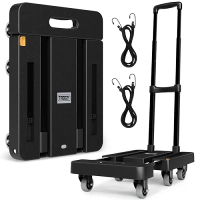 Immagine di Troozy Carrello con Ruote Portatutto Freno, Carrellino Portapacchi Pieghevole 226KG, Porta Zaino Scuola 6 Ruote, 4 Timoni Regolabili in Altezza, 2 Corde Elastiche, Bassa rumorosità, Nero
