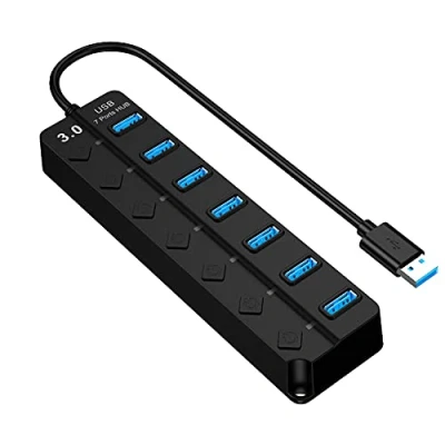 Immagine di Eono 7 Porte Hub USB 3.0, Adattatore Multiporta con Interruttori di Alimentazione Individuali e LED Compatibile Macbook, iMac, Computer, Chiavette