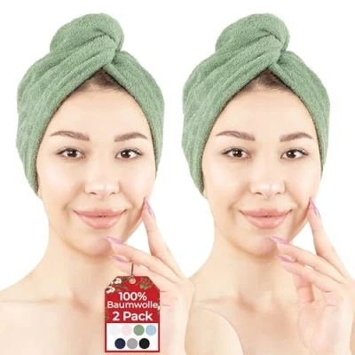 Immagine di Hammetex Asciugamani per capelli da donna, 100% cotone, 2 pezzi, soffici, assorbenti, ad asciugatura rapida, con bottone, verde salvia