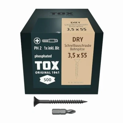 Immagine di TOX viti per cartongesso DRY BS 3,5 x 55 mm, fosfatate nere con filettatura fine + punta, su sottostruttura metallica, PH2, 500 pezzi, incl. 1x 142553213555