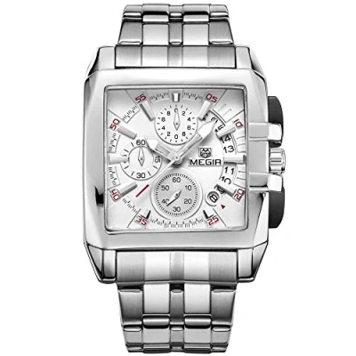 Immagine di Megir Orologio da polso analogico uomo in acciaio inox al quarzo, lancette luminose, quadrante quadrato