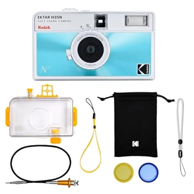 Immagine di KODAK EKTAR H35N Kit fotocamera a pellicola mezza cornice,riutilizzabile da 35mm,custodia impermeabile,rilascio cavo,filtri colorati,flash,viaggi(pellicola e batteria AAA non incluse)(Blu)