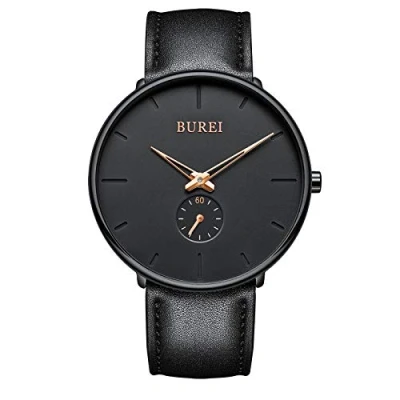 Immagine di BUREI Orologio da polso unisex ultra sottile nero quadrante grande minimalista elegante quarzo analogico con cinturino in pelle nera