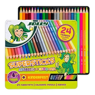 Immagine di JOLLY Supersticks Classic matite colorate, mix metallizzato, 24 colorate in astuccio metallico, resistenti alla rottura, set di colori perfetto per tutti, esagonale