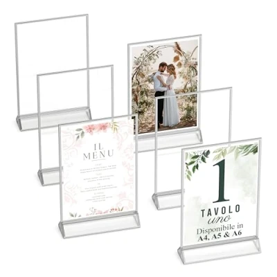 Immagine di Dasher Products Cornici D&#039;argento a Doppia Faccia A6 6 Pezzi Portanumeri da Tavolo in Acrilico d&#039;argento, Porta Brochure Banco, Supporti Trasparenti per Insegne, Portamenu, Foto
