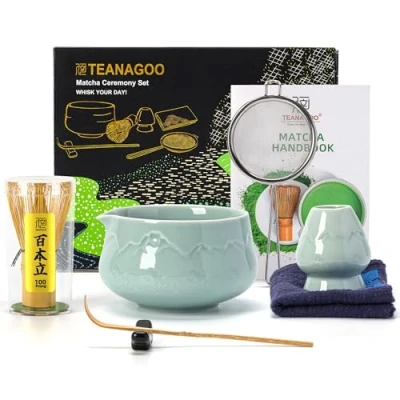 Immagine di TEANAGOO giapponese Matcha Whisk (7pcs) Set Mtacha Kit Ciotola con beccuccio Bamboo (chasen) Scoop (chashaku) Titolare.N36, Celadon blu