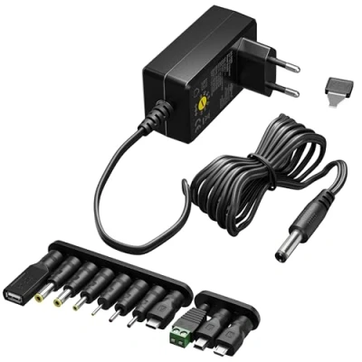 Immagine di goobay 64571 Alimentatore universale 3 V 12 V, max 7,2 W/DC adattatore di ricambio per TV, PC, router, striscia LED/Tensione variabile/USB C, USB A, Micro USB/Incl. 11 adattatore/Nero
