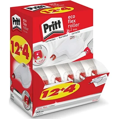 Immagine di Pritt Rullo correttore ECO Flex Sideway, applicazione laterale, immediatamente scrivibile, punta flessibile, larghezza circa 4,2 mm, lunghezza 10 m, set economico con 16 rulli