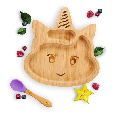 Immagine di Kleiner Fuchs Piatto di bambù alta qualità con ventosa, ventosa antiscivolo cucchiaio coordinato per bambini fa pasti divertenti, set stoviglie in confezione regalo imparare a