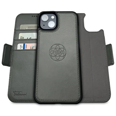 Immagine di dreem Fibonacci compatibile con iPhone 14 Plus custodia a portafoglio/custodia antiurto 2 in 1 e folio pelle vegana staccabile, MagSafe, protezione RFID [Grigio]