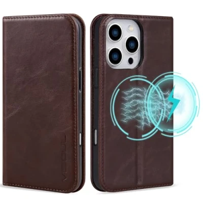 Immagine di VS VISOUL Custodia Compatibile con iPhone 16 Pro, Flip Vera Pelle Portafoglio Porta Carte Funzione di Supporto a Libro per Pro (6.3 Pollici) Caffè