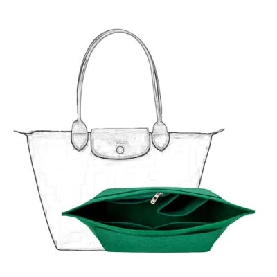 Immagine di D.DUO organizer per borsa, multi tasca in feltro, inserto pieghevole a portafoglio Longchamp (Verde, Small)