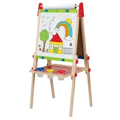 Immagine di Hape Lavagna Multiattività, per Bambini Double Face Vincitrice di Premi con Cavalletto e Supporto Regolabile in Altezza, Rullo Carta, Bianca, Calamite Tre Vasetti Pittura