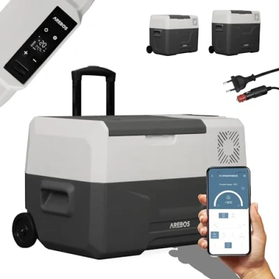 Immagine di Arebos Compressore frigorifero con ruote, 27 litri, congelatore elettrico app e controllo intelligente, mobile porta USB, fino a 20 C, 12/24 V, 230 per auto, camion,