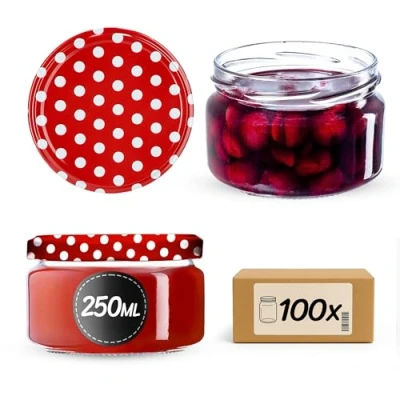 Immagine di KADAX Piccoli vasetti per conserve da 250 ml, con coperchio, ermetici regalare, mini barattoli miele e spezie (100 pezzi, rosso a pois