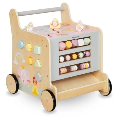 Immagine di Mamabrum Girello in Legno per Bambini, Spingitore 2in1, Cubo Motore, Giocattolo la Prima Educazione: Cavalcabile, Selezionatore, Labirinto, Abaco, Blocchi con Numeri, Cursore, Ruote Antiscivolo