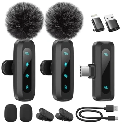Immagine di Microfono Lavalier Wireless per iPhone, iPad, Telefoni Android, Confezione da 2 Mini Microfoni con Riduzione del Rumore, Accoppiamento Automatico, Mute e Riverbero Vlogging Registrazione Video