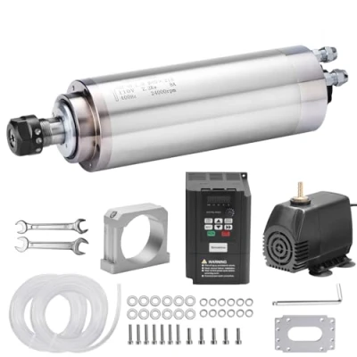 Immagine di Kit motore mandrino CNC Genmitsu, raffreddato ad acqua da 2,2 kW, con VFD e pompa dell&#039;acqua, supporto morsetto in alluminio 80 mm di diametro, pinza ER20, precisione 0,003