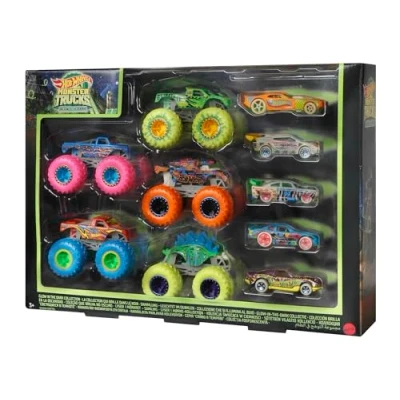 Immagine di Hot Wheels Monster Trucks Fluo Set con 10 Veicoli, 5 e Macchinine in Scala 1:64 che si Illuminano al Buio, Giocattolo per Bambini 3+ Anni, HCB57