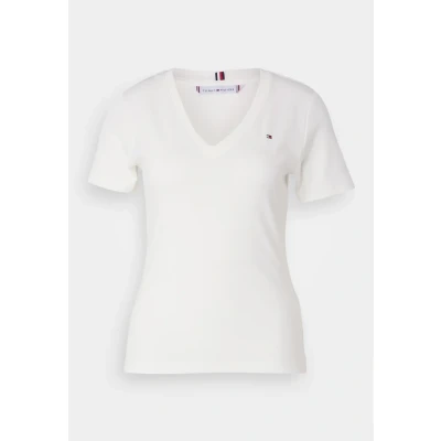Immagine di Tommy Hilfiger Slim Cody V Nk SS Ww0Ww40584, Top in Maglia a Maniche Corte, Donna, Bianco (NOS Ecru), XXS