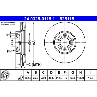 Immagine di ATE PowerDisc 24.0325 0115.1 Disco freno 282,5 25,0 5 112,0 ventilato rivestito ad alto tenore di carbonio VOLKSWAGEN: Passat B5 GP Variant