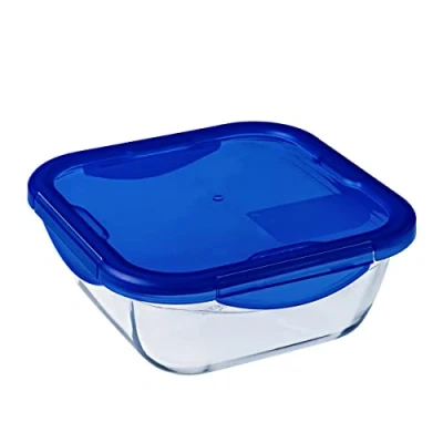 Immagine di Pyrex Padella multiuso quadrata Cook &amp; Go con coperchio ermetico, trasparente e blu, 21 x 8 cm, 1,9 L