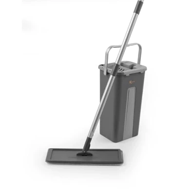 Immagine di Kleeneze KL028145EU7 100 Years, Set mop a testa piatta e secchio, 2 in 1, con girevole scomparti doppia azione, raschietto, funzioni di immersione torsione, pavimenti duri, grigio