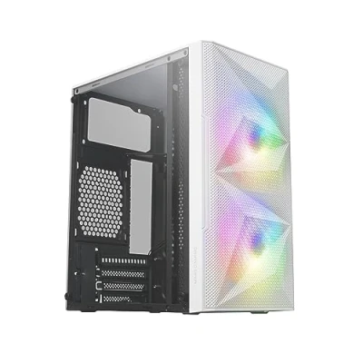 Immagine di Mars Gaming MC ME Bianco, Case Compatto MicroATX, Finestra Laterale in Vetro Temperato, Design Frontale Total Mesh Geometrico, 2 Ventole FRGB da 120mm