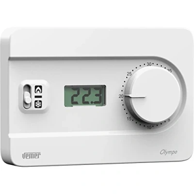 Immagine di VEMER VE757700 OLYMPO LCD Termostato Ambiente da Parete con Display e Manopola per Caldaia, Alimentazione a Batterie, Bianco