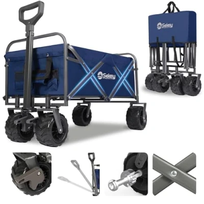 Immagine di Sekey Carrello Spiaggia Ruote Grandi Extra Large 17x10 cm, Pieghevole da Giardino con Manico Telescopico e Freni, 200KG Offroad Modello SE3017, Noir foncé avec gris