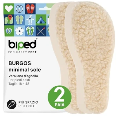 Immagine di biped minimal sole BURGOS 2 paia di solette forma speciale adatta solo a scarpe minime e piedi nudi suole invernali con vera lana d&#039;agnello per adulti bambini(34)