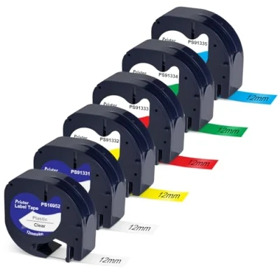 Immagine di 6X Pristar Compatibile di ricambio per Dymo LetraTag 12mm x 4m Plastica nastro etichette 12267 91201 91202 91203 91204 91205 LT 100H 100T LT100 H 110T QX 50 XM XR 2000