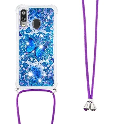 Immagine di LEMAXELERS Custodia per Cellulare con Corda Collana Galaxy A20e Case,Glitter Bling Liquido Sabbie Mobili Bumper Case TPU Cover Cordoncino Cordino Case,YB GS Die