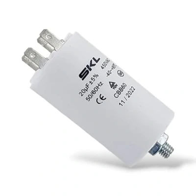 Immagine di DEKAROX condensatore universale 20µF 450 V Ø40 x 70 mm con bande AMP da 6,3 mm, vite di fissaggio M8 CBB60, avviamento e funzionamento per elettrodomestici