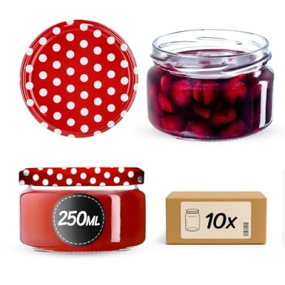 Immagine di KADAX Piccoli vasetti per conserve da 250 ml, con coperchio, ermetici regalare, mini barattoli miele e spezie (10 pezzi, rosso a pois