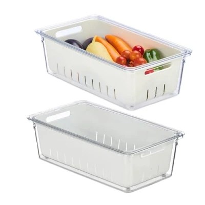 Immagine di Relaxdays Set di 2 Organizer per Frigorifero Contenitori Frigo con Coperchio, da 2, Impilabili, Cestelli Scola Verdure, Box Alimenti, Trasparente, Plastica, 10 x 32 17,5 cm ca