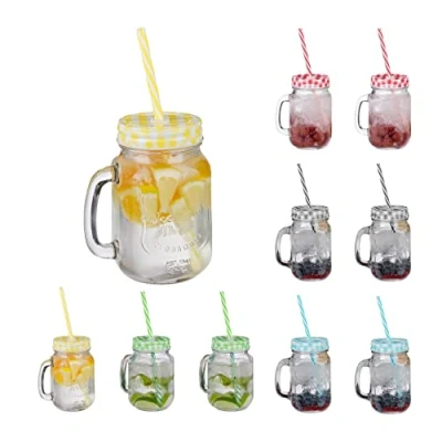 Immagine di Relaxdays Set 10 Tazze con Cannuccia e Coperchio, tè Freddo, Bevande, Limonate, per Party, Manico, 500 ml, Colorato, 80% Vetro Acciaio 10% plastica, 8 cm