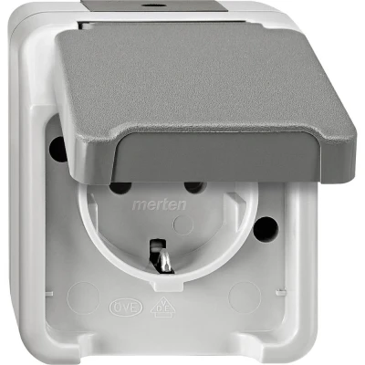 Immagine di Merten 1 parte Interruttore per ambienti umidi Completo Presa schuko con coperchio ribaltabile AQUASTAR Grigio luminescente 4074944