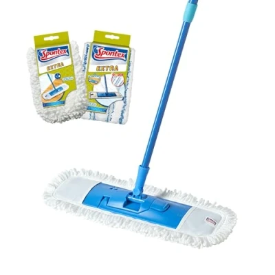Immagine di Spontex Extra Mop Piatto, in Microfibra per Scopa e Spazzolone, Lunghezza Regolabile 80 140 cm, Pulisce Pavimenti Laminato, Legno Piastrelle, 2 x Ricambi della Testa
