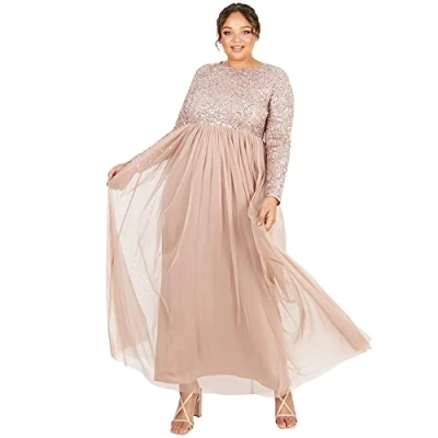 Immagine di Maya Deluxe Abito Lungo da Donna Impreziosito a Maniche Lunghe Damigella d&#039;Onore Color Cipria Vestito, Tortora Blush, 38