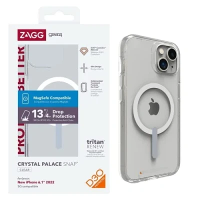 Immagine di ZAGG Gear 4 Crystal Palace Snap D30 Custodia protettiva compatibile con iPhone 14, sottile, leggera, antiurto, MagSafe, ricarica wireless, (trasparente)