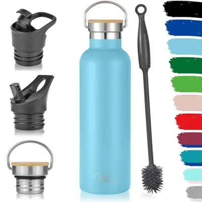 Immagine di Milu borraccia in acciaio inox, 350 ml, 500 750 1000 ml (+3 coperchio), thermos con cannuccia, isolata, a prova di perdite, doppia parete (Blu cielo, ml)