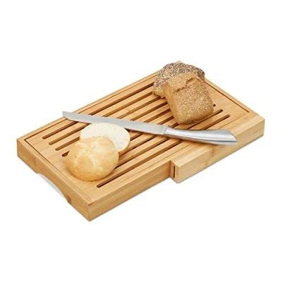 Immagine di Relaxdays Tagliere per Pane, con Coltello in Acciaio Inox, Raccogli Briciole, Bambù, HLP 4x40x24 cm, Legno Naturale