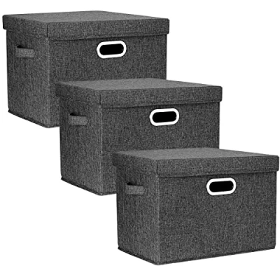 Immagine di TYEERS Grandi Scatole Portaoggetti, in Tessuto, Pieghevole, con Coperchio, 44x30x29 cm, Set di 3, Nero