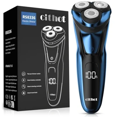 Immagine di CITHOT Rasoio Elettrico Barba con 3D Testine Rotanti IPX7 Impermeabile Uomo Display LCD Rasatura a Secco o Schiuma Precisione Senza Fili (Blu)