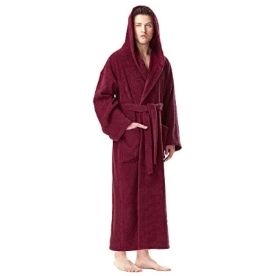 Immagine di Arus Astrom Accappatoio da uomo con cappuccio, lunghezza al polpaccio, 100% cotone spugna, Taglia uomo: XXL, unisex: XXL 3XL, Rosso Vino