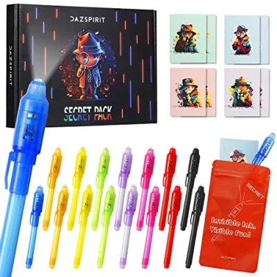 Immagine di DazSpirit 16 pcs Penna Inchiostro Invisibile e Taccuino, Tema Investigativo con Luce Gadget Compleanno Bambini, Penne Invisibili per Scrivere Messaggi Segreti
