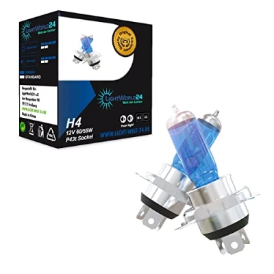 Immagine di LIGHTWORLD24 Lampadina alogena H4 per fari anteriori 60/55W 12V lampada auto a luce bassa e alta, lampadine Xenon Look Optics P43t Socket