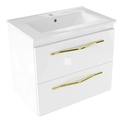 Immagine di paplinskimoebel GIRONA Mobile da bagno con lavabo, mobili sospeso 60x39 cm, Lavabo ceramica, Set di in laminato rifinito PVC, 2 Cassetti estrazione totale, Stile glamour, Bianco