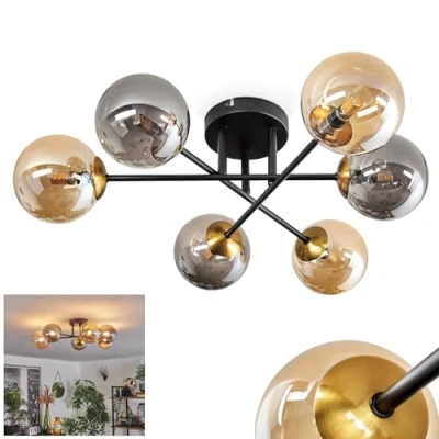 Immagine di Plafoniera Chehalis, lampada da soffitto in metallo/vetro nero/oro/ambra/fumo, dal design moderno retrò/vintage con ombrelli vetro (Ø 12 cm), 6 x G9, senza lampadina